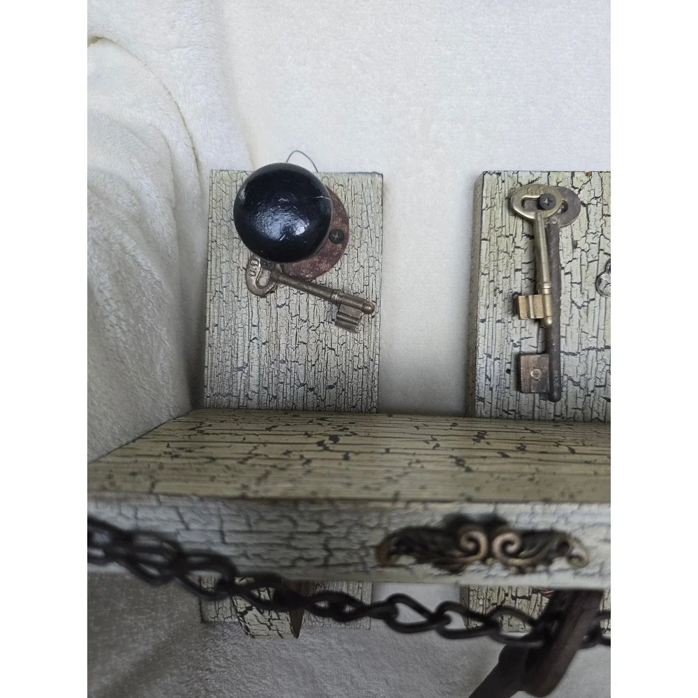 Steampunk Rustic Wood Wall Shelf Vintage Keys Doorknob Crackle Finish Farmhouse
